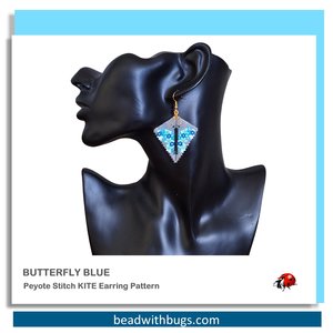 Peyote Stitch, Kite Earring Beading Pattern by Bead with Bugs, Butterfly Blue