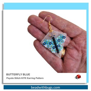 Peyote Stitch, Kite Earring Beading Pattern by Bead with Bugs, Butterfly Blue