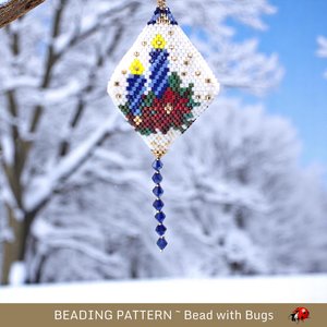 Glowing Blue Striped Christmas Candles Pattern - 3D Beaded Pod with Poinsettias