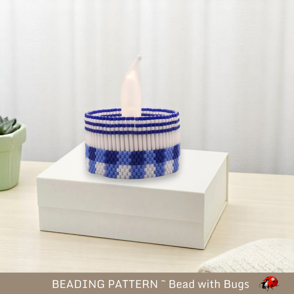 BLUE GINGHAM: Peyote Stitch Beaded Tea Light Cover Pattern by Bead with Bugs
