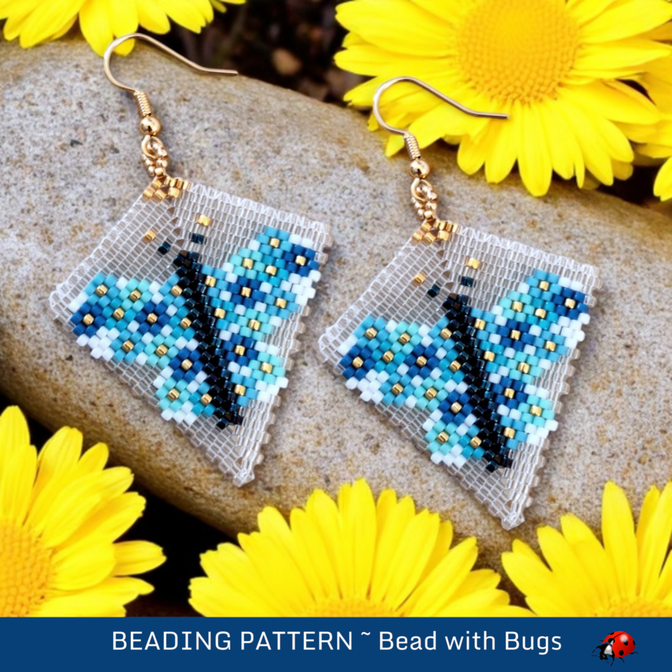 Peyote Stitch, Kite Earring Beading Pattern by Bead with Bugs, Butterfly Blue