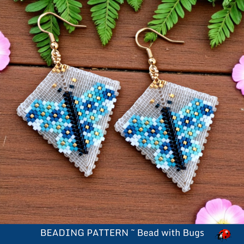 Peyote Stitch, Kite Earring Beading Pattern by Bead with Bugs, Butterfly Blue