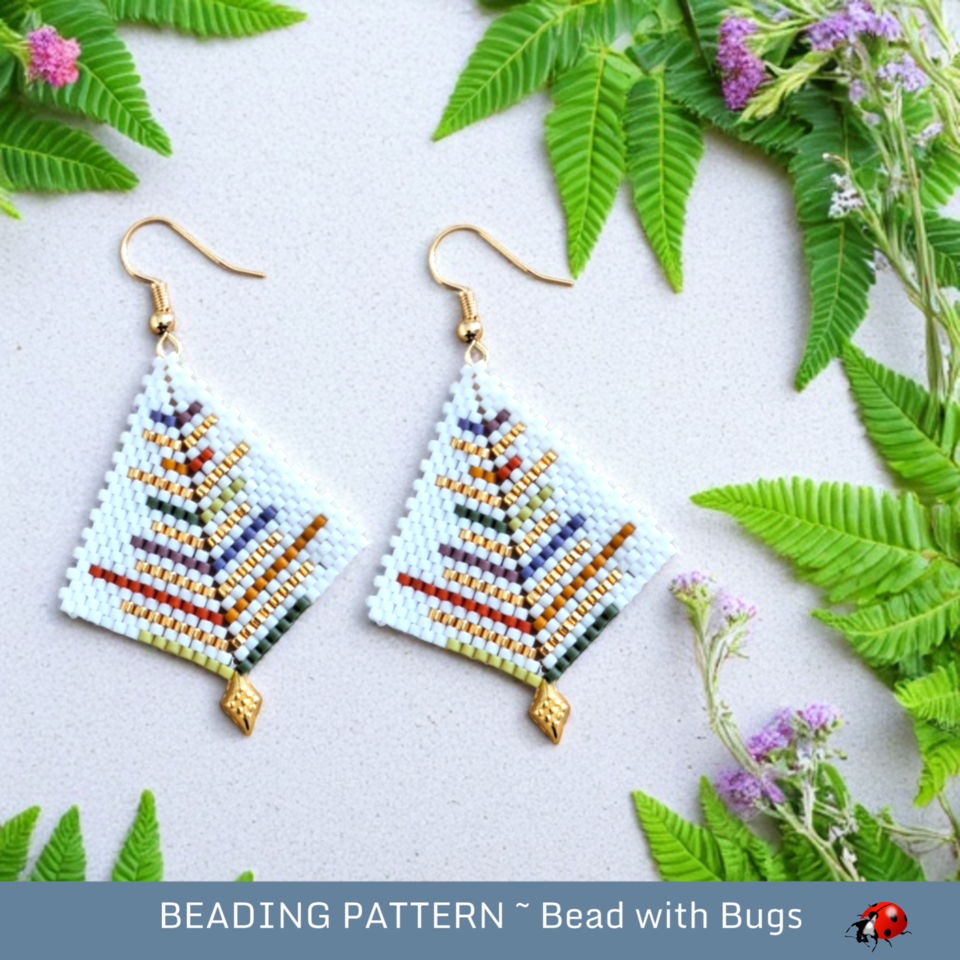 Peyote Stitch, Kite Earring Beading Pattern by Bead with Bugs, Glittering Garden