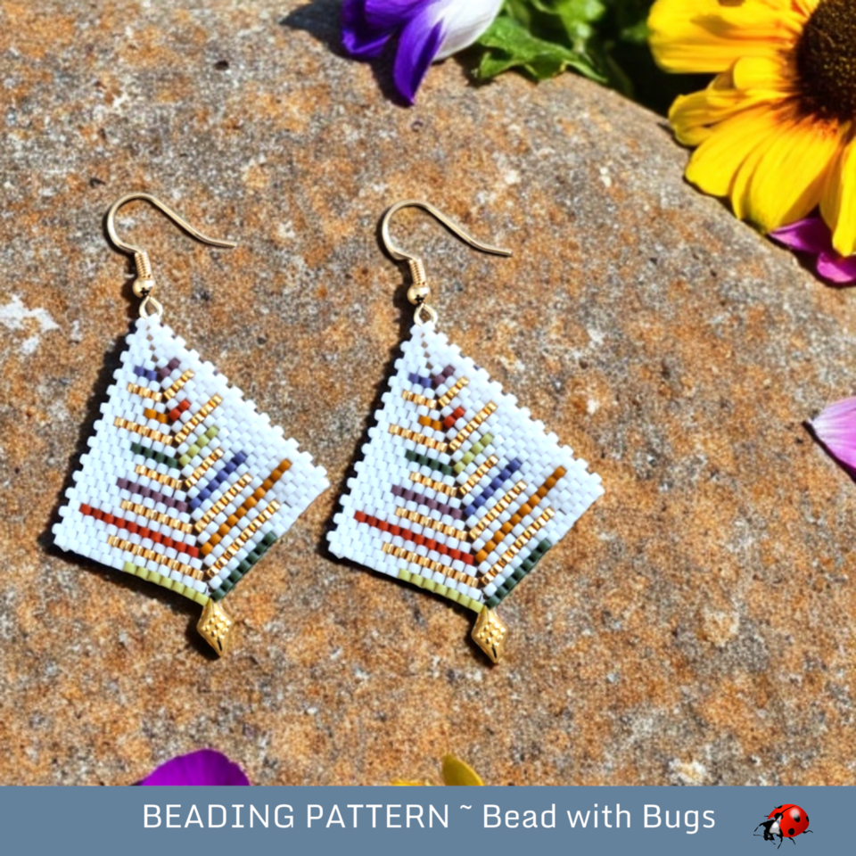 Peyote Stitch, Kite Earring Beading Pattern by Bead with Bugs, Glittering Garden