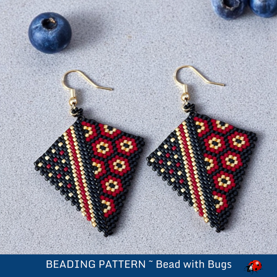 Kite Earring Beading Pattern - Red and Black Peyote Stitch by Bead with Bugs