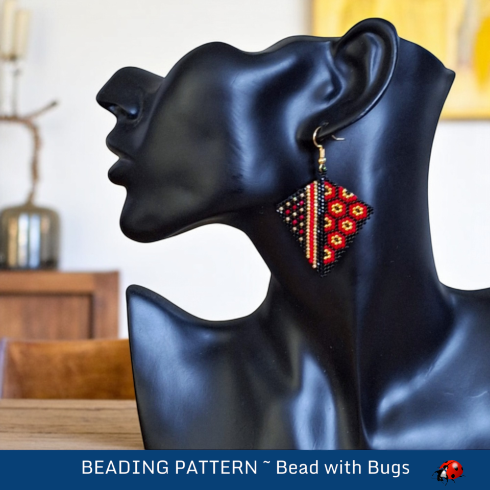 Kite Earring Beading Pattern - Red and Black Peyote Stitch by Bead with Bugs
