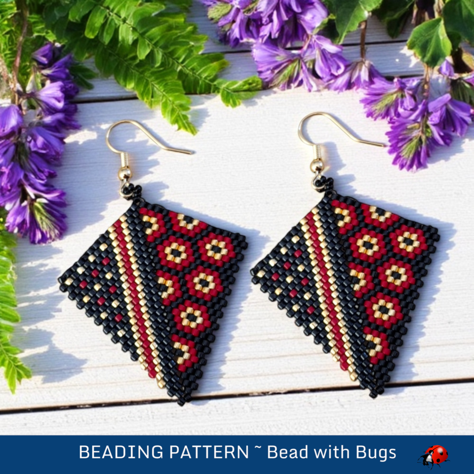 Kite Earring Beading Pattern - Red and Black Peyote Stitch by Bead with Bugs