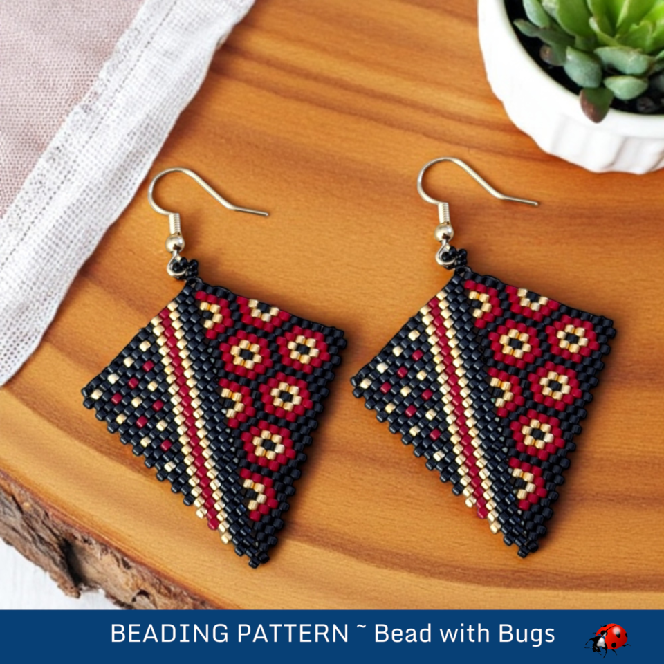 Kite Earring Beading Pattern - Red and Black Peyote Stitch by Bead with Bugs