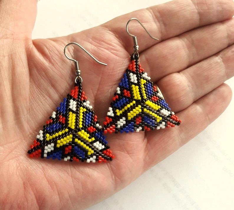 3D Peyote Stitch Triangle Earrings Pattern, Mondrian Beading (PDF Pattern)