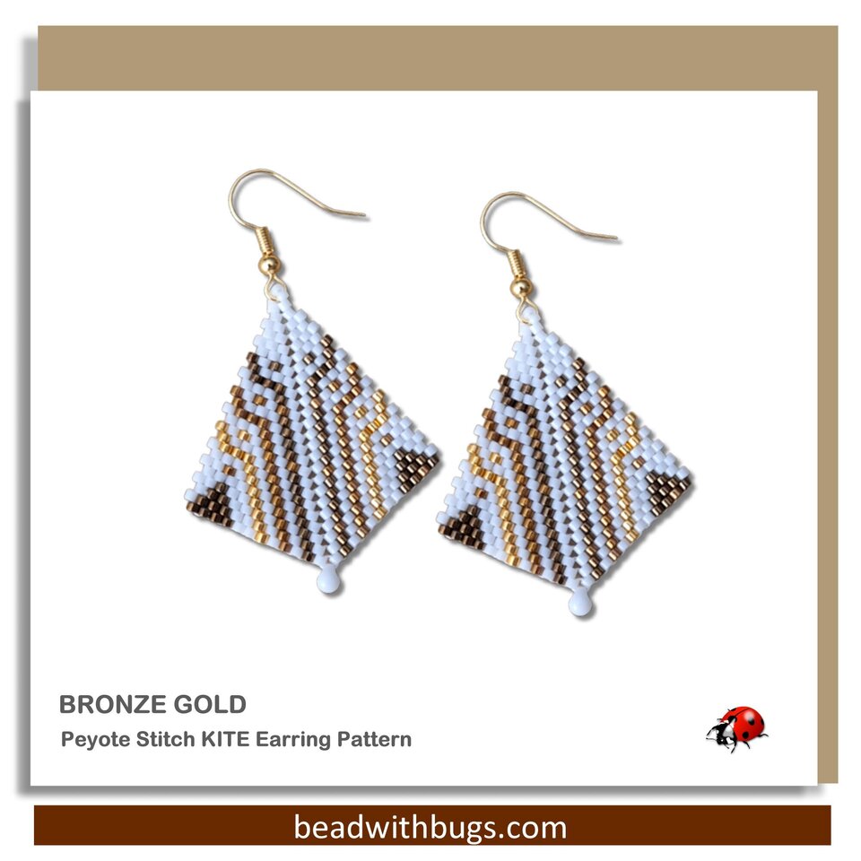 Peyote Stitch, Kite Earring Beading Pattern by Bead with Bugs, Bronze and Gold