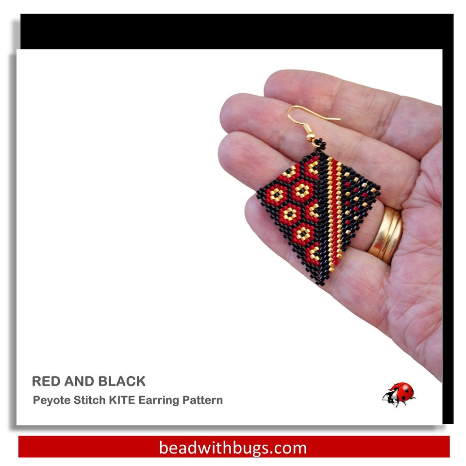 Kite Earring Beading Pattern - Red and Black Peyote Stitch by Bead with Bugs