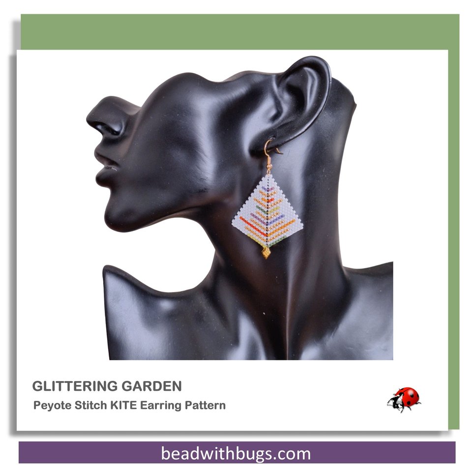 Peyote Stitch, Kite Earring Beading Pattern by Bead with Bugs, Glittering Garden