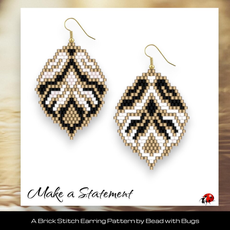 Brick Stitch Beaded Earrings Pattern: Black and Gold Miyuki Delica (PDF)