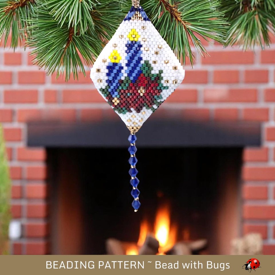 Glowing Blue Striped Christmas Candles Pattern - 3D Beaded Pod with Poinsettias