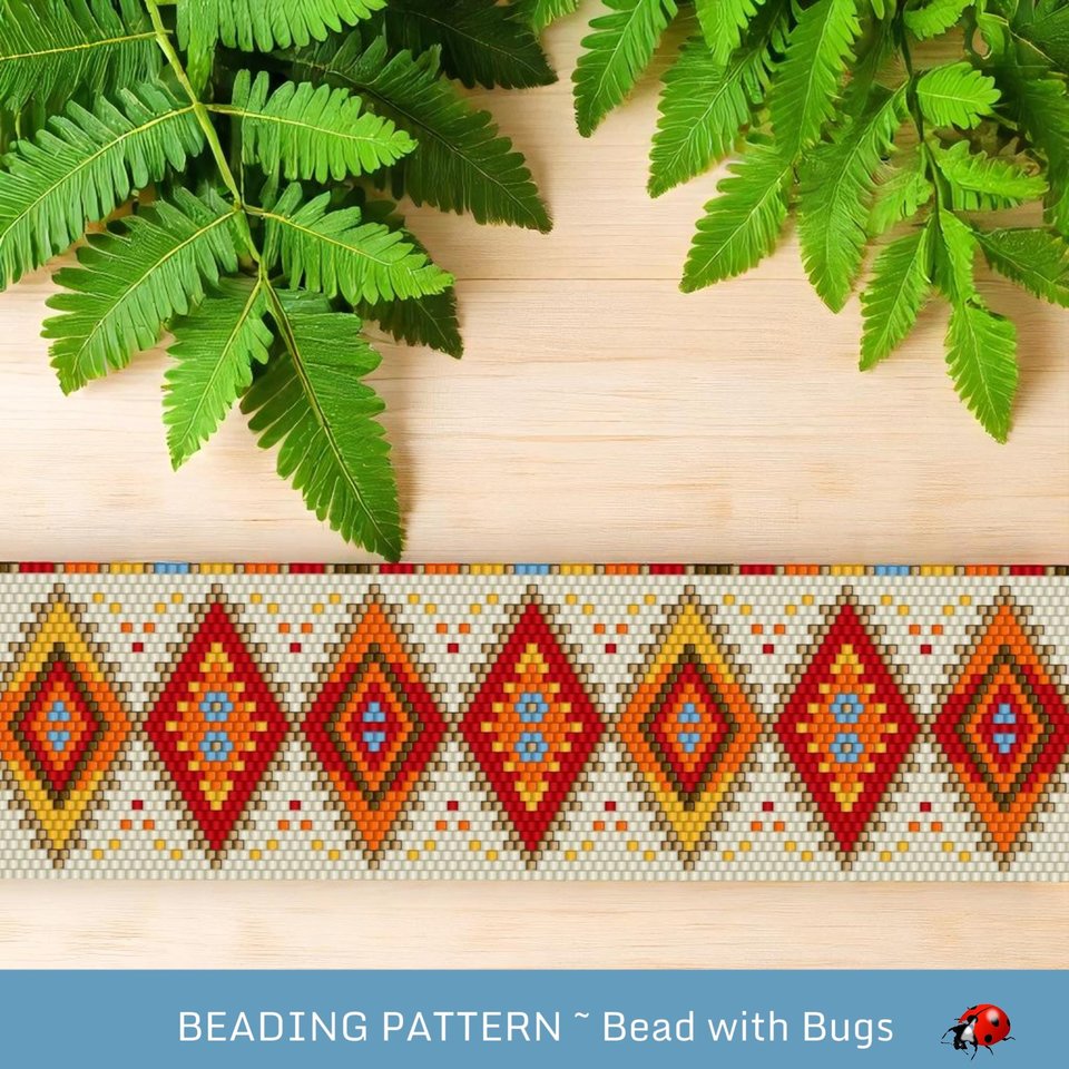Peyote Stitch WIDE Beaded Bracelet Pattern by Bead with Bugs, Fire and Ice, PDF