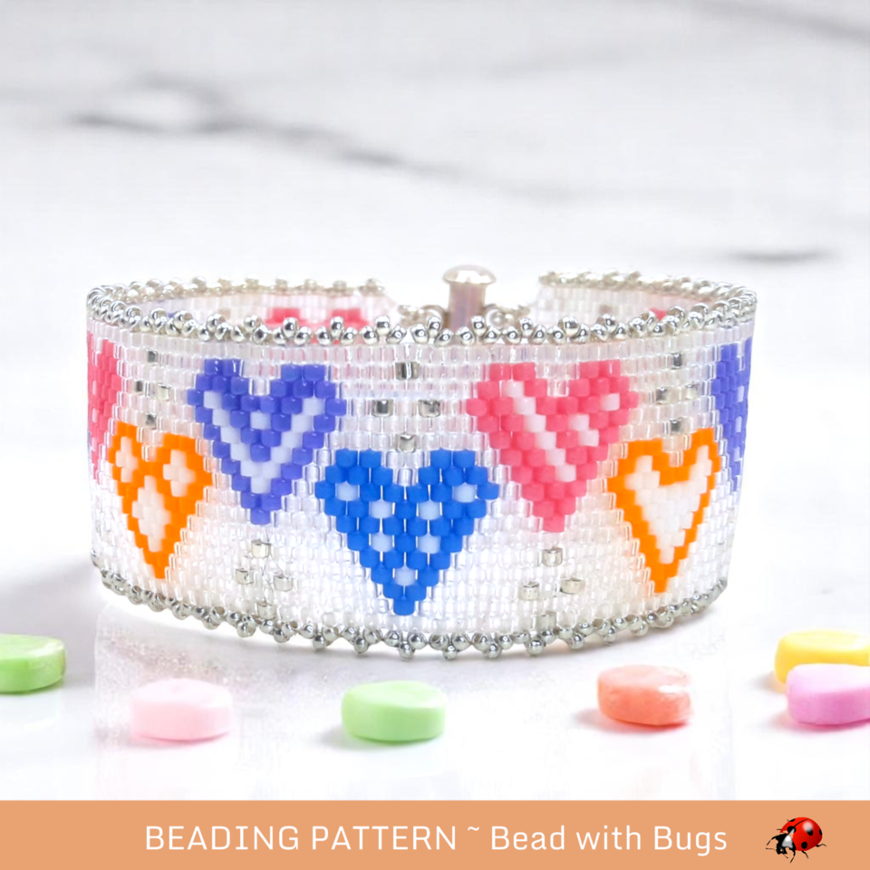 QUILTED HEARTS:  A Peyote Stitch Beaded Bracelet Pattern by Bead with Bugs
