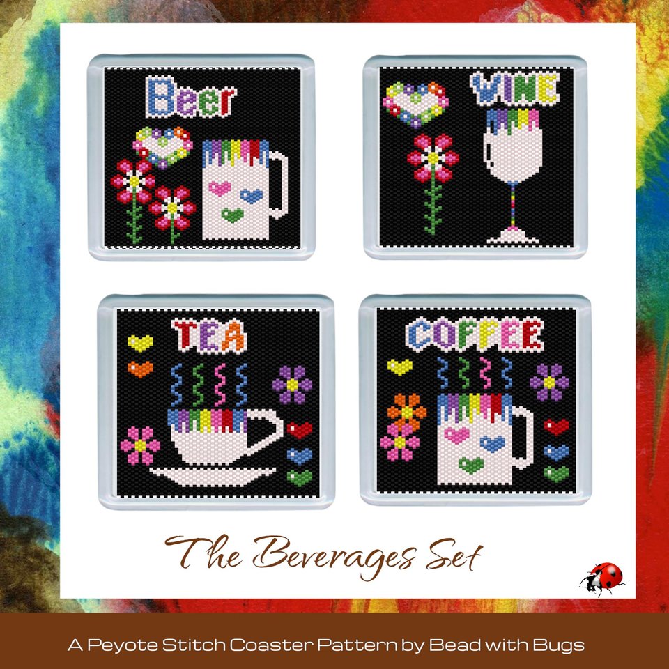 THE BEVERAGES SET: Peyote Stitch Beaded Coaster Pattern by Bead with Bugs