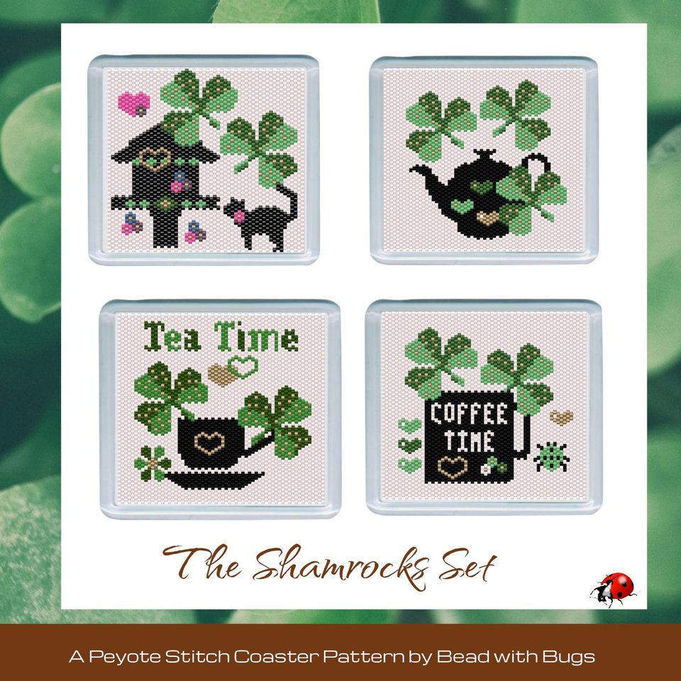 SHAMROCKS TEA TIME: Peyote Stitch Beaded Coaster Pattern by Bead with Bugs