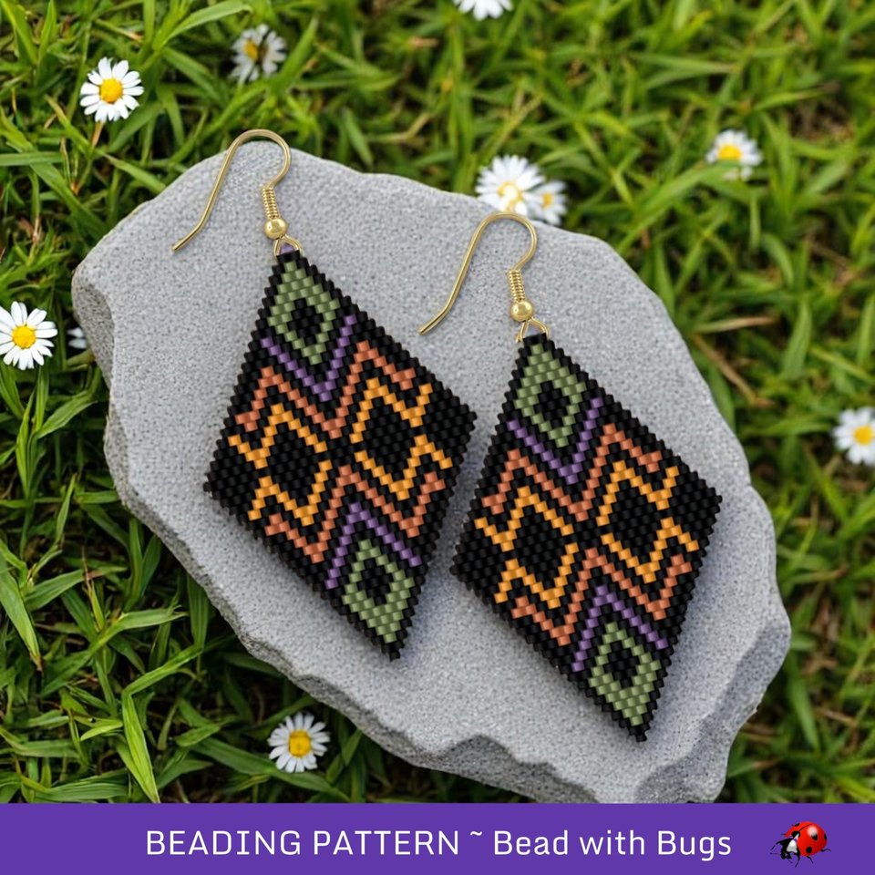 Brick Stitch Beaded Earrings Pattern by Bead with Bugs, Earthbound, dark colour earrings, pdf