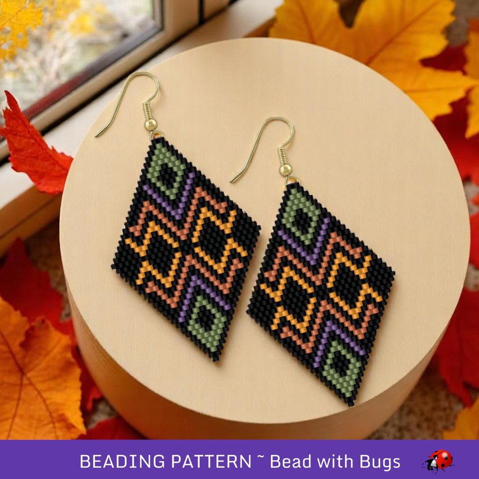 Brick Stitch Beaded Earrings Pattern by Bead with Bugs, Earthbound, dark colour earrings, pdf