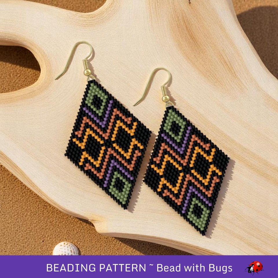 Brick Stitch Beaded Earrings Pattern by Bead with Bugs, Earthbound, dark colour earrings, pdf