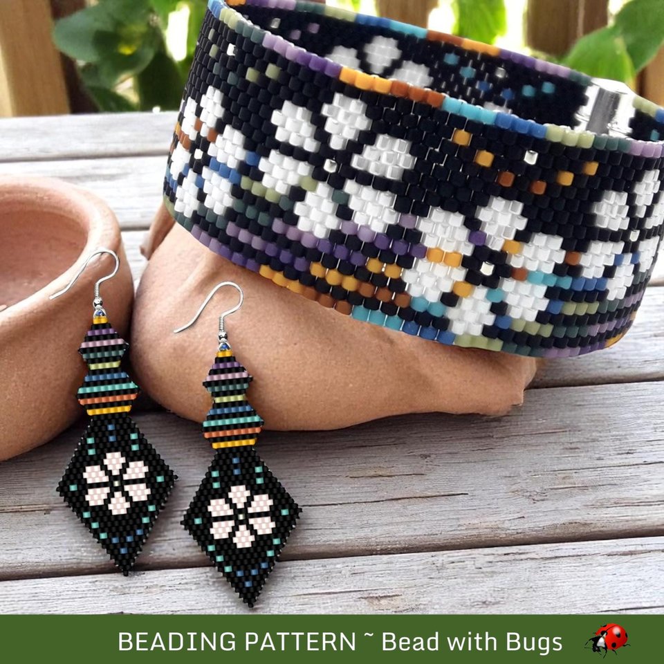 Peyote Stitch Beaded Bracelet and Earrings Pattern Set, GOOD TO GROW, a moody garden styled set, pdf
