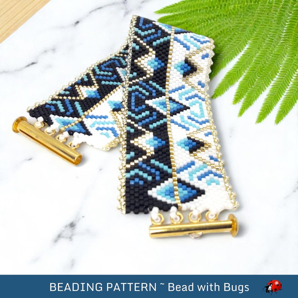 Peyote Stitch Beaded Bracelet and Earrings Pattern Set, OPPOSITES ATTRACT, a geometric bracelet and earring set in cool blues, pdf