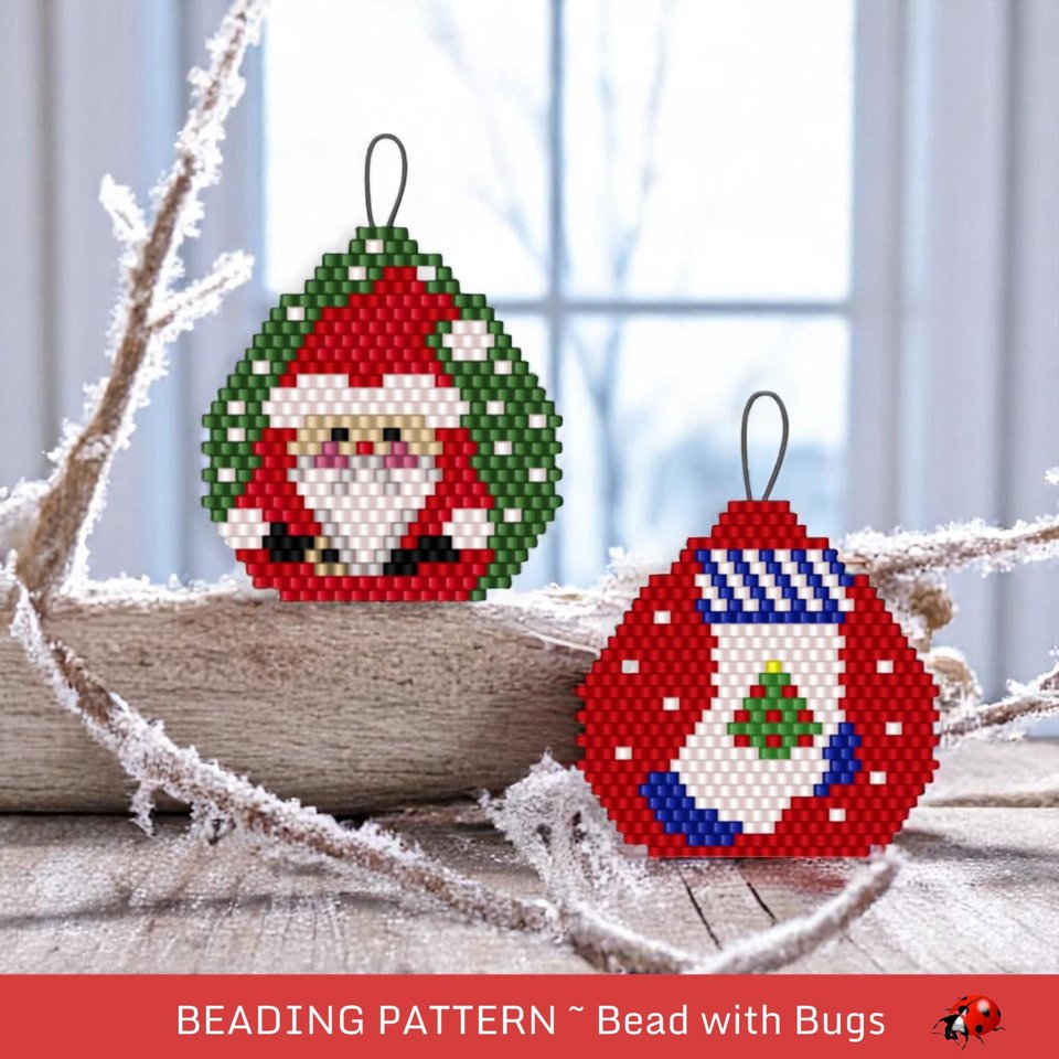 Beaded Santa & Stocking Ornament Pattern: Brick Stitch (PDF)