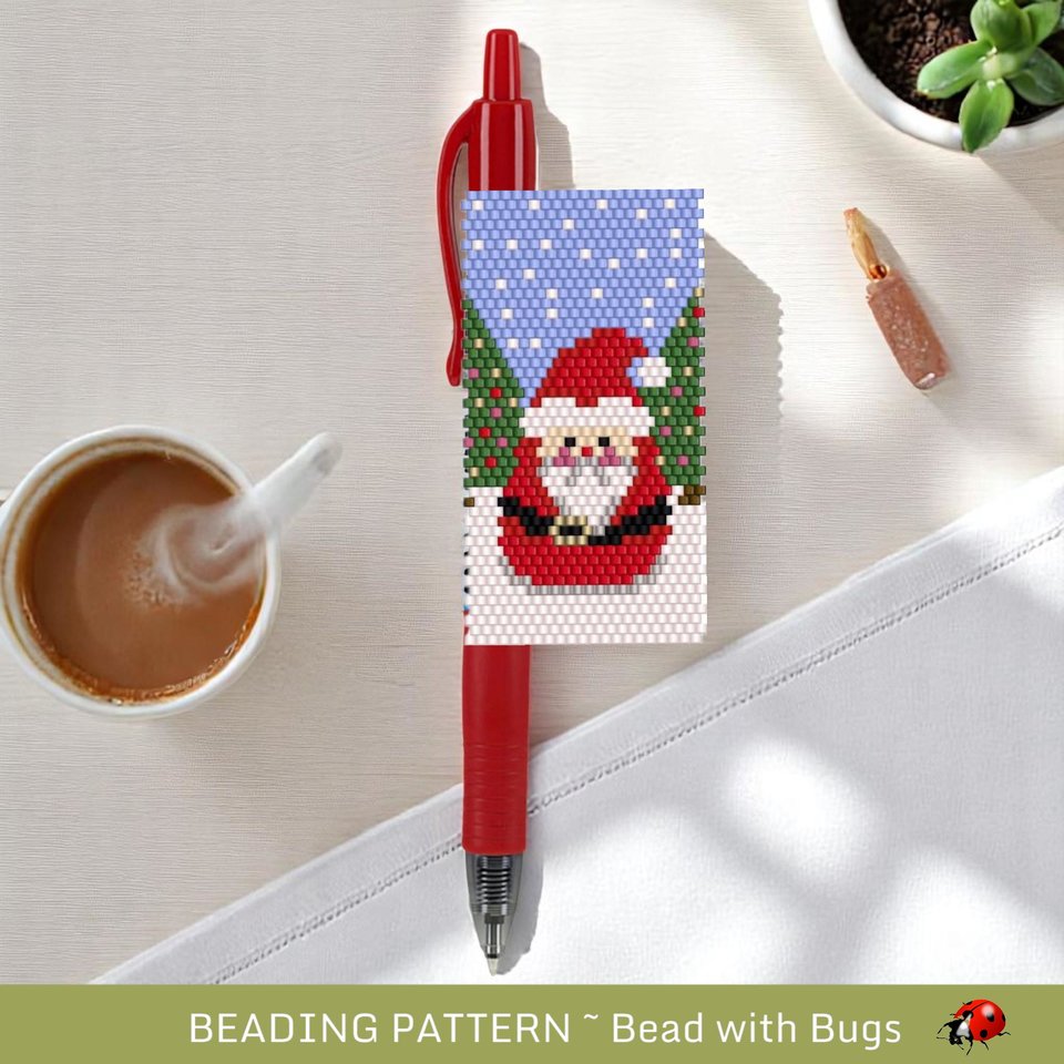 Peyote Stitch Beaded Pen Wrap Pattern, Chubby Santa (Pilot G2 Pen)