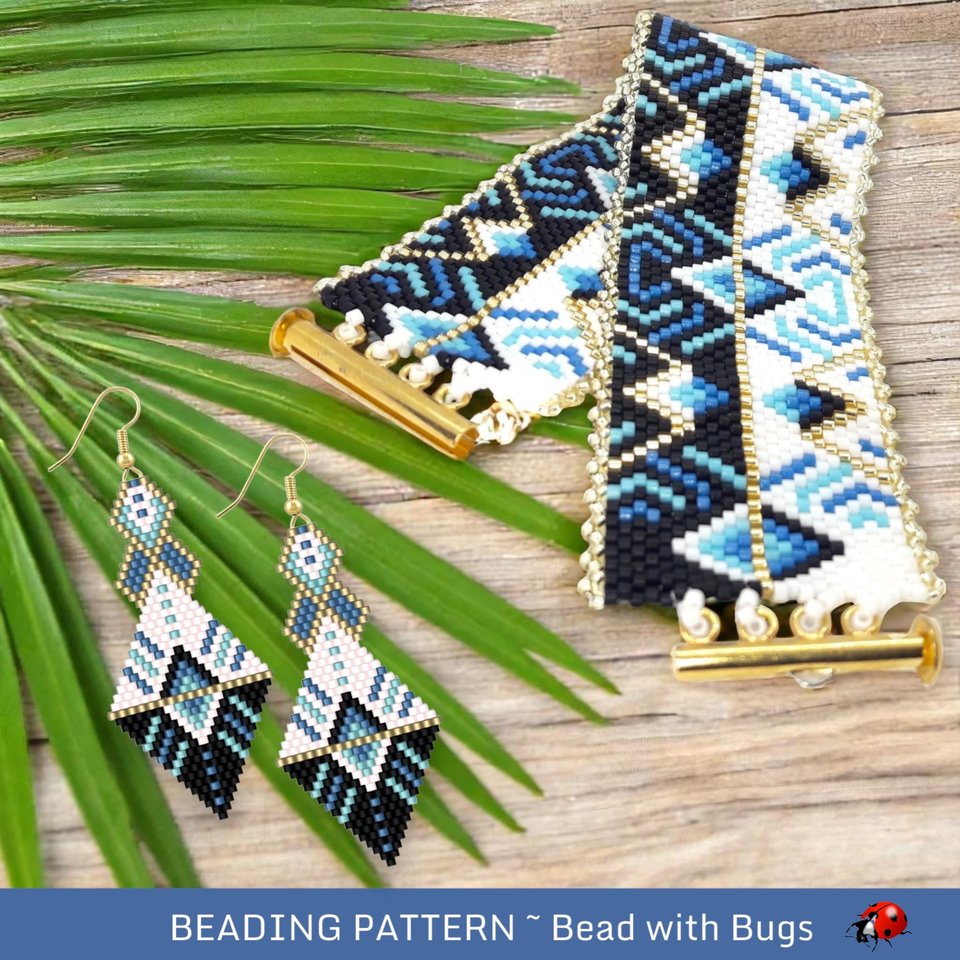 Peyote Stitch Beaded Bracelet and Earrings Pattern Set, OPPOSITES ATTRACT, a geometric bracelet and earring set in cool blues, pdf