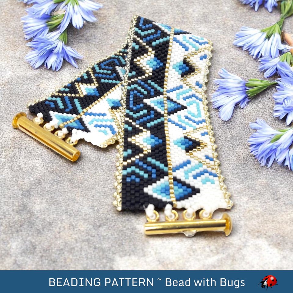 Peyote Stitch Beaded Bracelet and Earrings Pattern Set, OPPOSITES ATTRACT, a geometric bracelet and earring set in cool blues, pdf