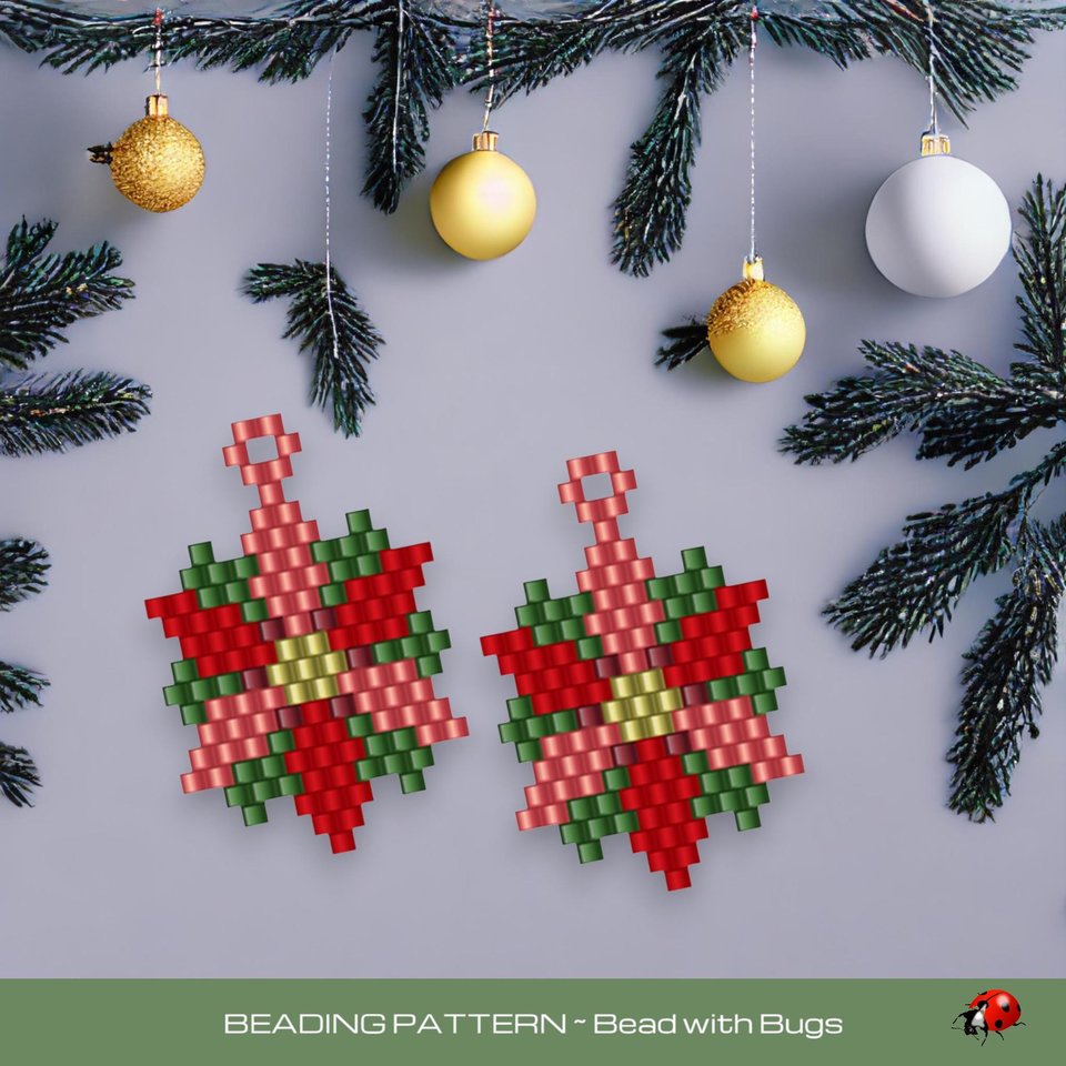 Brick Stitch Beaded Earrings Pattern by Bead with Bugs, Sweet Poinsettia, PDF download