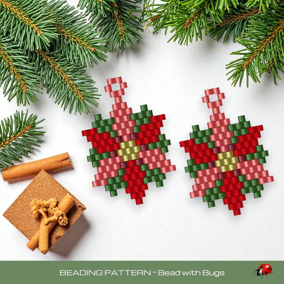 Brick Stitch Beaded Earrings Pattern by Bead with Bugs, Sweet Poinsettia, PDF download