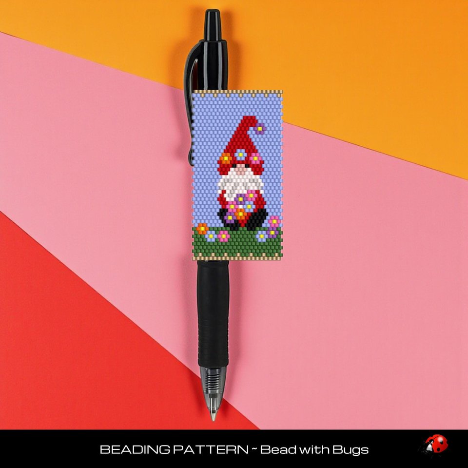 Peyote Stitch Flower Gnome Beaded Pen Wrap Pattern for Pilot G2 Pen