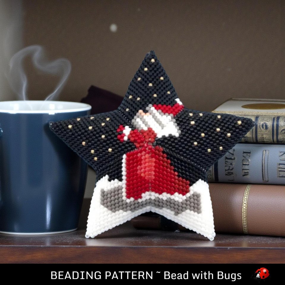 Santa in the Stars, Peyote Stitch Beaded, 3D Star Pattern in Red