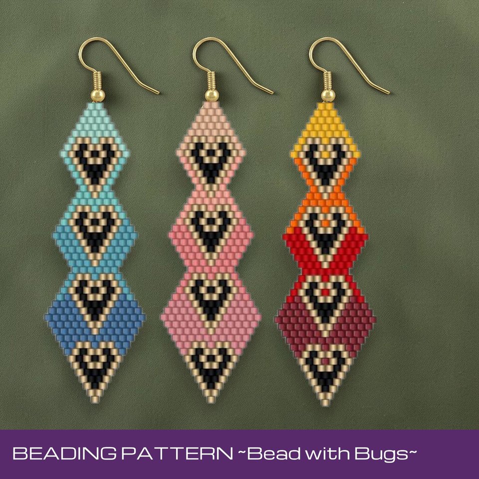 Brick Stitch Beaded Earrings Pattern Set of 3 OMBRE HEARTS (PDF Pattern)