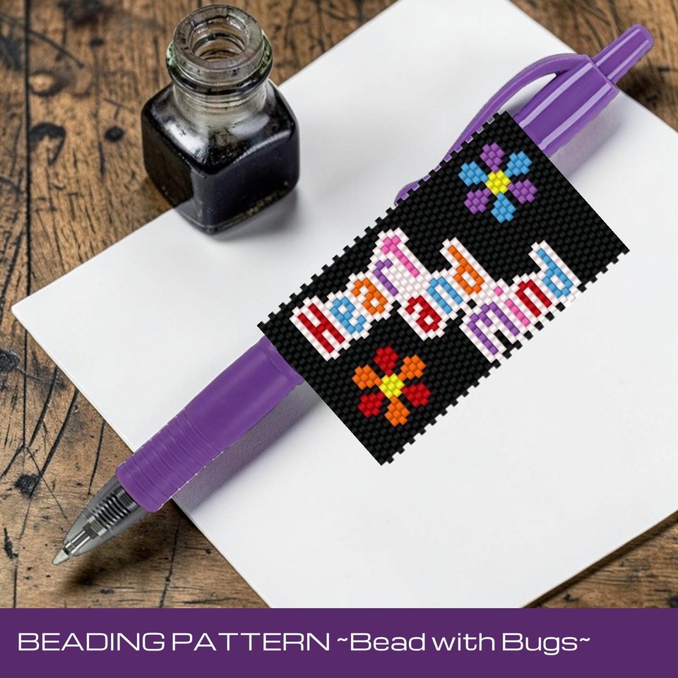 HEART AND MIND,  Peyote Stitch Beaded Pen Wrap Pattern, Fits Pilot G2 (Digital Download)