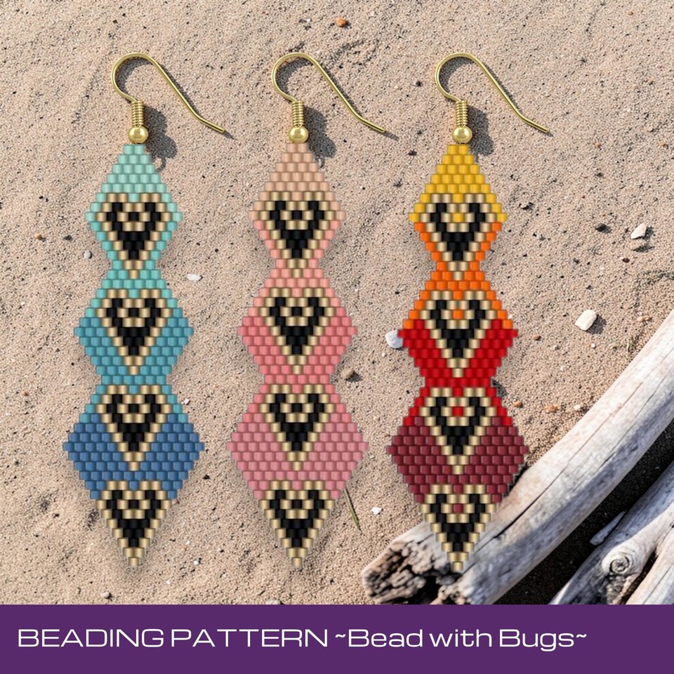 Brick Stitch Beaded Earrings Pattern Set of 3 OMBRE HEARTS (PDF Pattern)