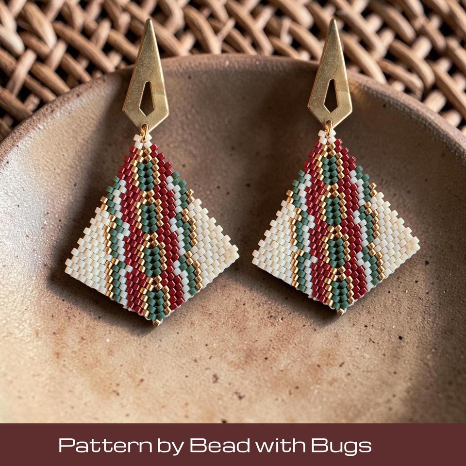 Peyote Stitch, Kite Earring Beading Pattern by Bead with Bugs, FOREST HEAT
