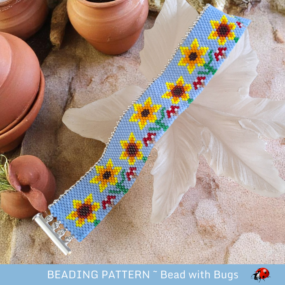 SUNFLOWER PATCH: A Peyote Stitch Beaded Bracelet Pattern by Bead with Bugs