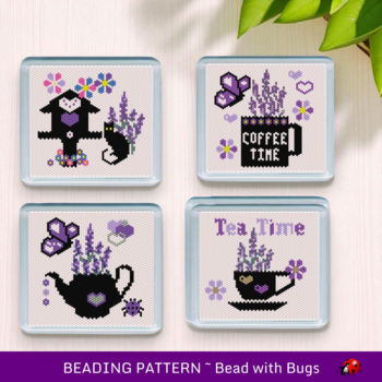 LAVENDER THEMED  SET: Peyote Stitch Beaded Coaster Pattern by Bead with Bugs
