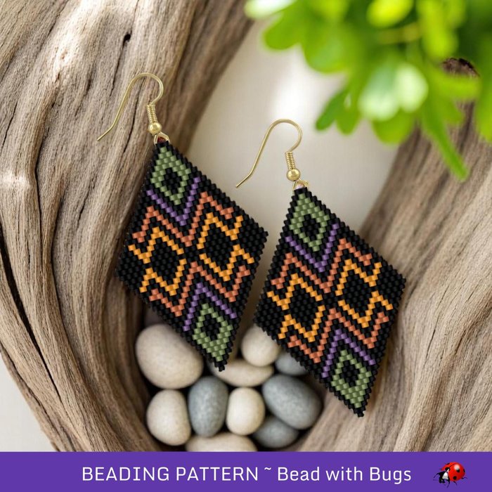 Brick Stitch Beaded Earrings Pattern by Bead with Bugs, Earthbound, dark colour earrings, pdf