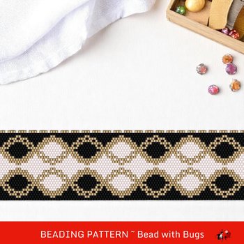 Peyote Stitch WIDE Beaded Bracelet Pattern by Bead with Bugs, Black White and Gold, PDF