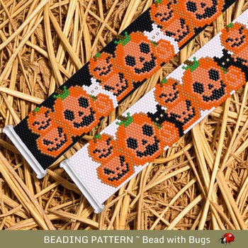 Peyote Stitch Beaded Bracelet Pattern by Bead with Bugs, Jack O Lanterns with Cats, PDF